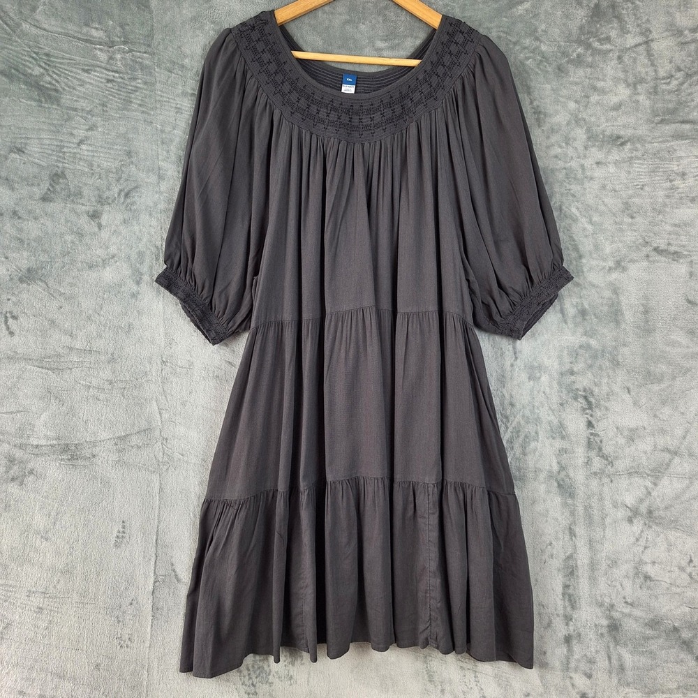 Old Navy Dress XXL Boho Coastal Puff Sleeve Tiered Peasant Mini Swing Pockets
